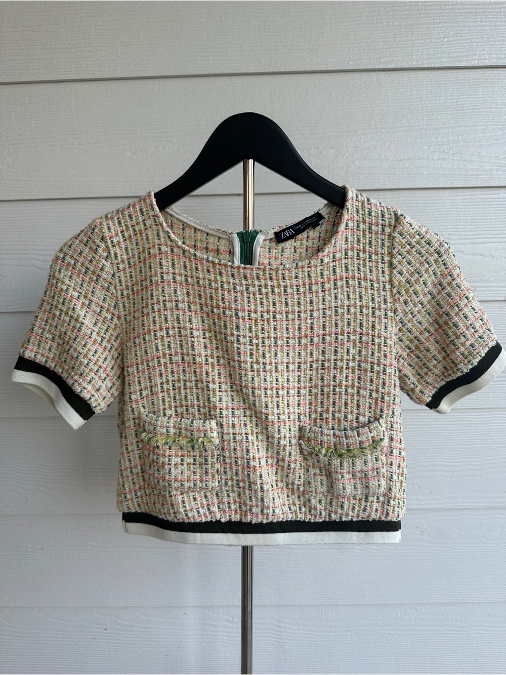 Zara Cream Multicolor Tweed Cropped Top with Black Trim